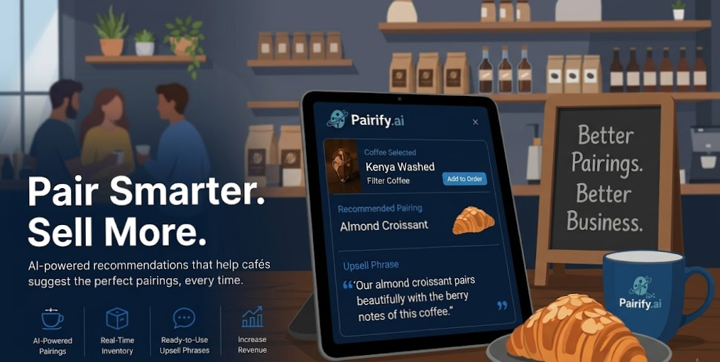 Pairify — AI coffee and pastry pairing recommendations shown on a tablet in a café